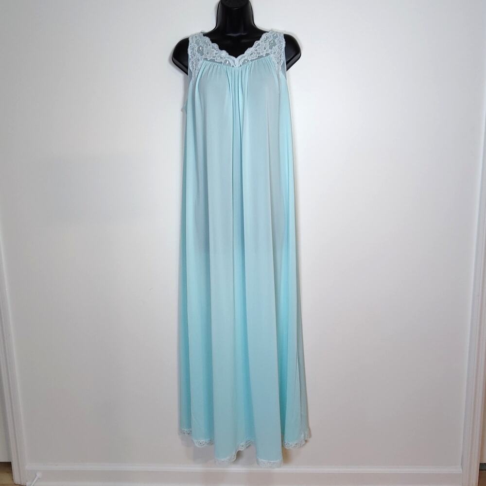 Vintage Shadowline Blue Nightgown Nighty Lace Trim Maxi Long Negligee M 70s 80s